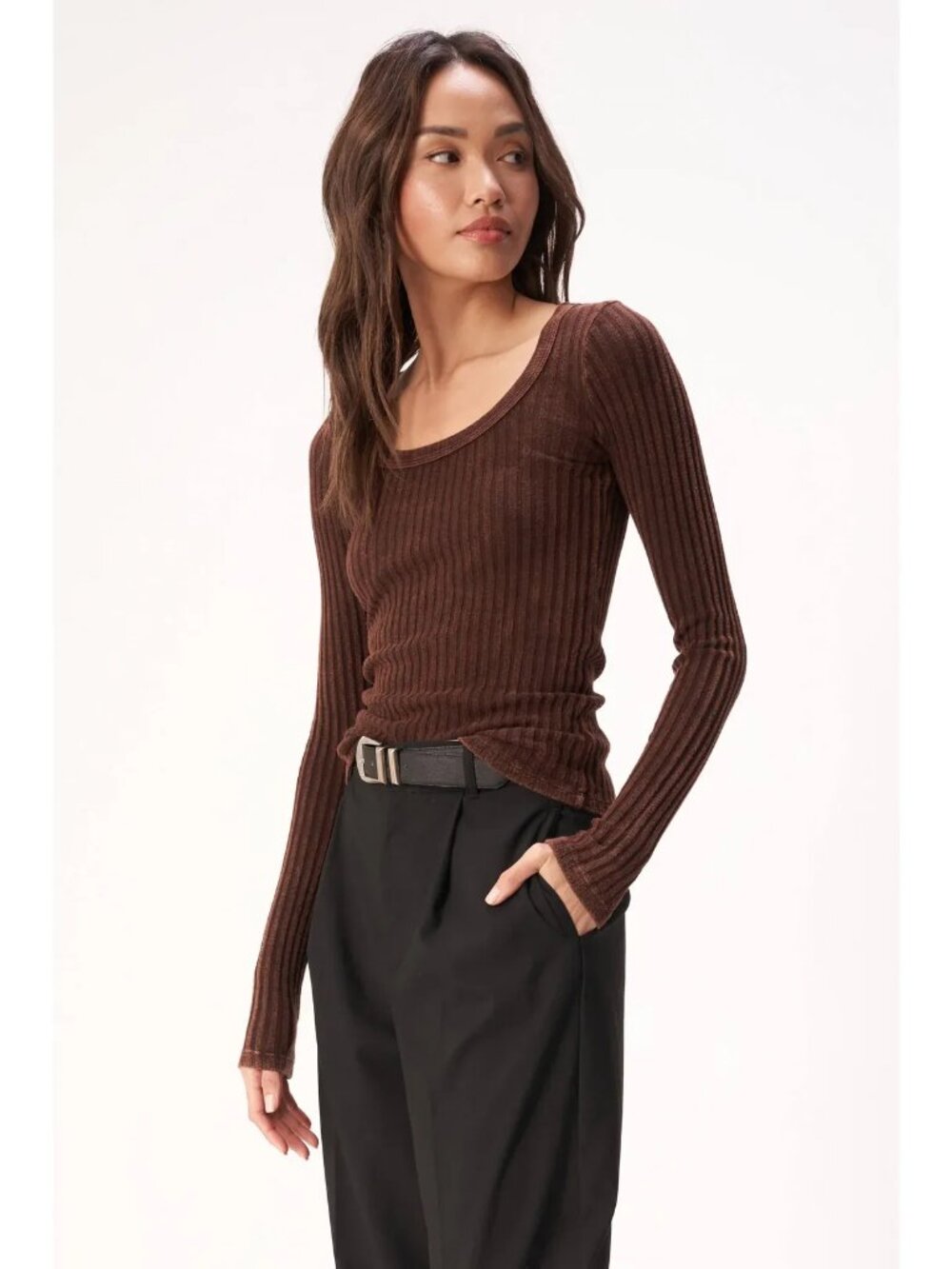 Project Social T size Medium NEW What's The Scoop Washed Rib Long Sleeve Brown